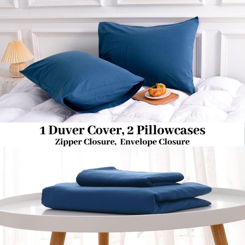 NEXHOME PRO Duvet Cover Set 100% Washed Cotton Oversized King 120""x98"" Linen Feel Textured Organic 3 Pieces Bedding Set with Zipper Closure and Corner Ties  Breathable (Navy Blue  No Comforter) - Image 5